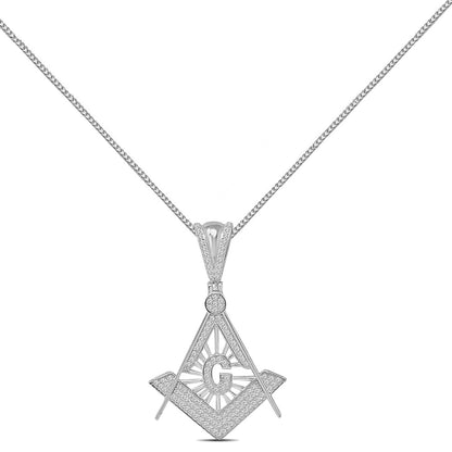 16+ Grams Real Sterling Silver 14K White Gold Finish 1.50 Cwt. Simulated Diamond Freemason Masonic G Compass Pendant Charm +Free Chain Neckless
