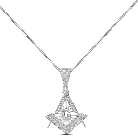 16+ Grams Real Sterling Silver 14K White Gold Finish 1.50 Cwt. Simulated Diamond Freemason Masonic G Compass Pendant Charm +Free Chain Neckless