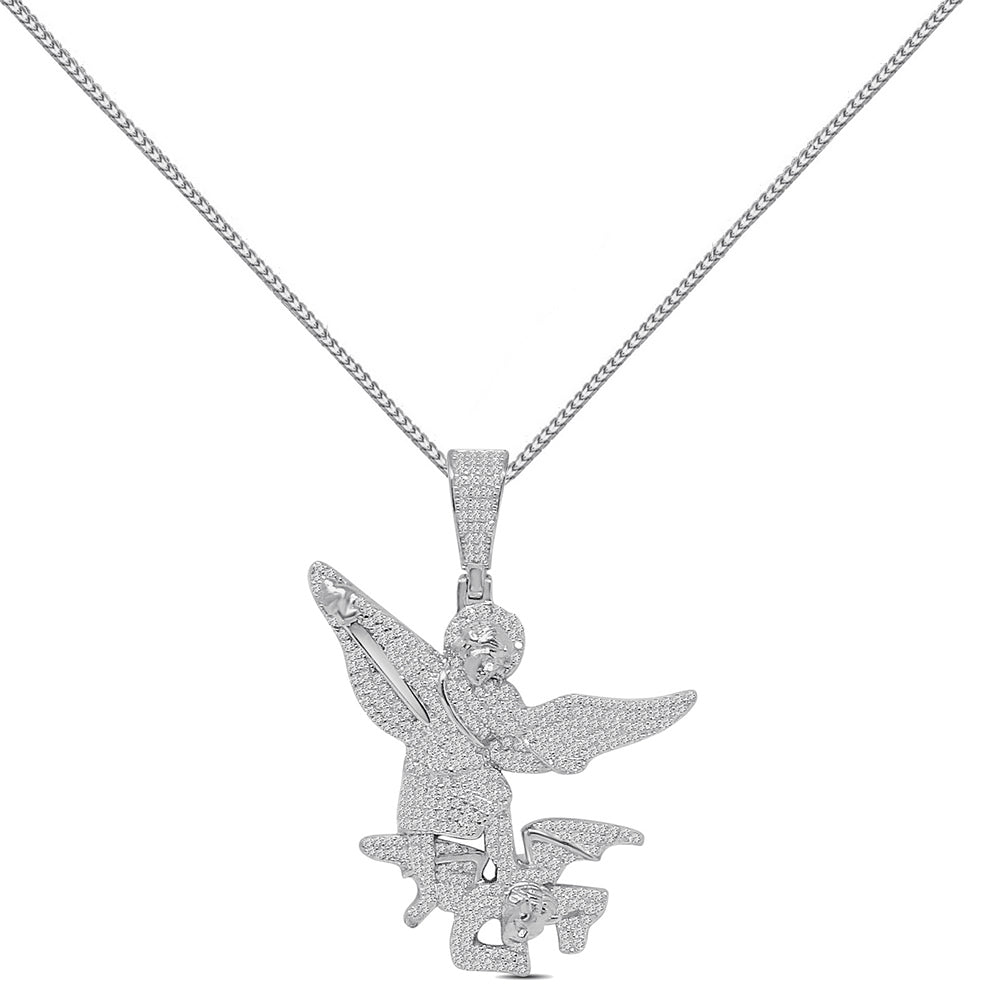 24+ Grams Real Silver 14K White Gold Finish 2.00 Cwt. Simulated Diamond Patron Saint Michael The Archangel Charm Pendant + Free Chain Neckless