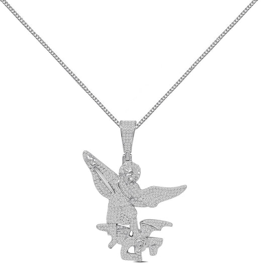 24+ Grams Real Silver 14K White Gold Finish 2.00 Cwt. Simulated Diamond Patron Saint Michael The Archangel Charm Pendant + Free Chain Neckless