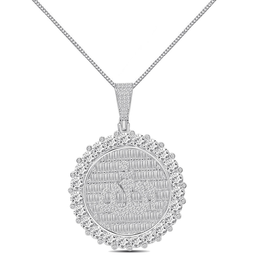30+ Grams Real Silver 14K Gold Finish 2.00 Ct. Baguette/Round Cut Simulated Diamond Allah God Muslim Flower Charm Pendant +Free Chain Unisex