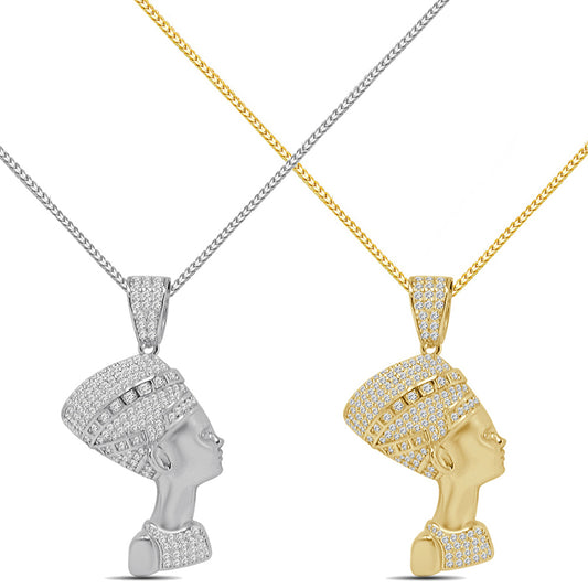Real Genuine Italian Sterling Silver Simulated Diamond Egyptian Queen Nefertiti Pharaoh Charm Pendant + Free Chain Neckless Small 1.80''