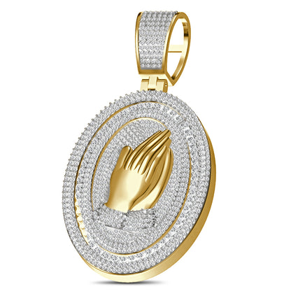 Real Genuine 5.50 Cwt. Authentic VVS/1 Natural Moissanite Diamond 35+ Grams Praying Hands 10K Gold Finish Religious Pendant Charm Medallion