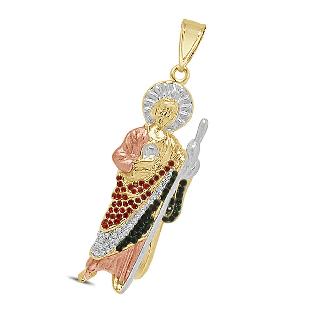 14K Gold Finish 1.25 Cwt. Simulated Diamond Saint Jude San Judas Tadeo Unisex Charm Religious Pendant Rope Chain Neckless Set 2.50''