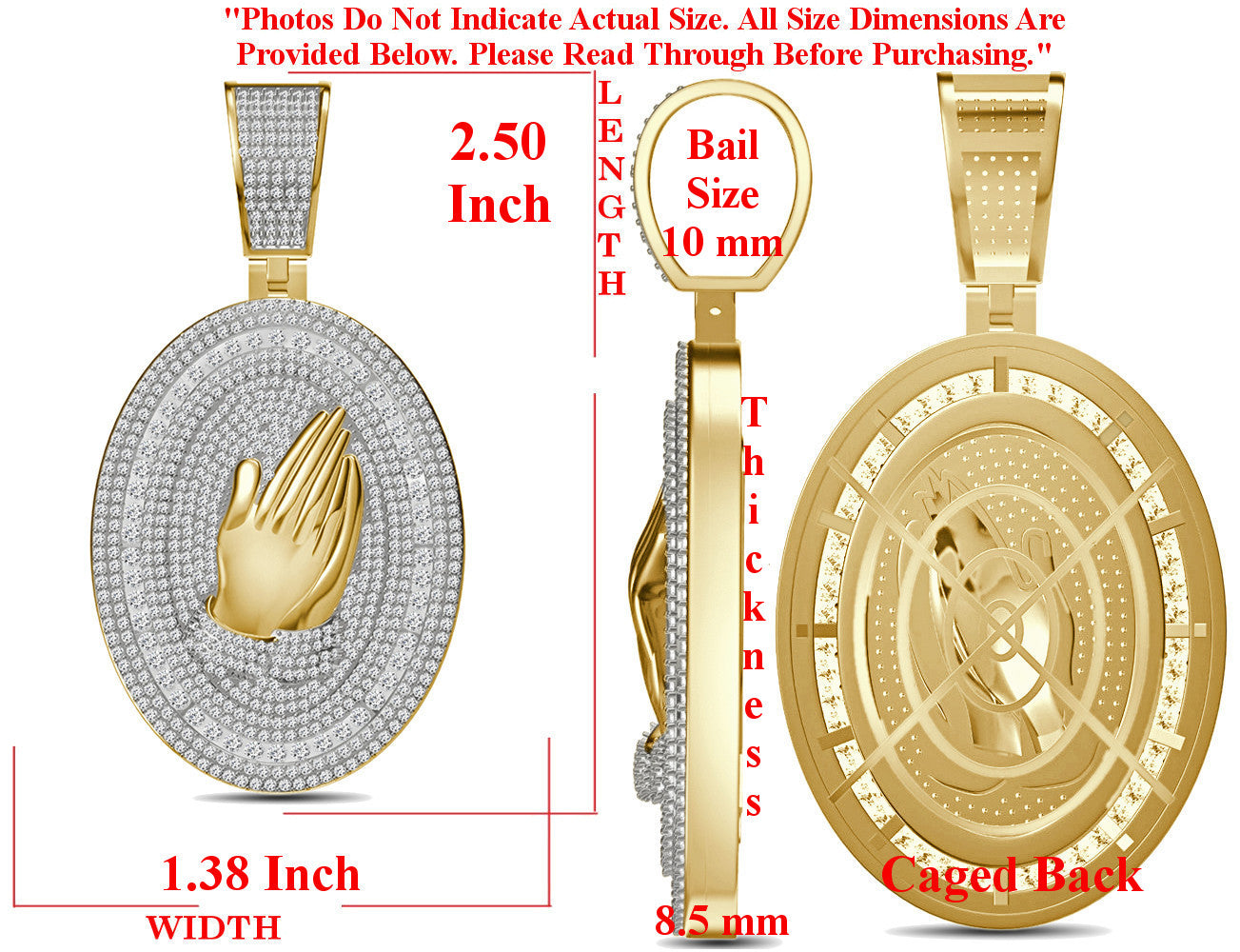 Real Genuine 5.50 Cwt. Authentic VVS/1 Natural Moissanite Diamond 35+ Grams Praying Hands 10K Gold Finish Religious Pendant Charm Medallion