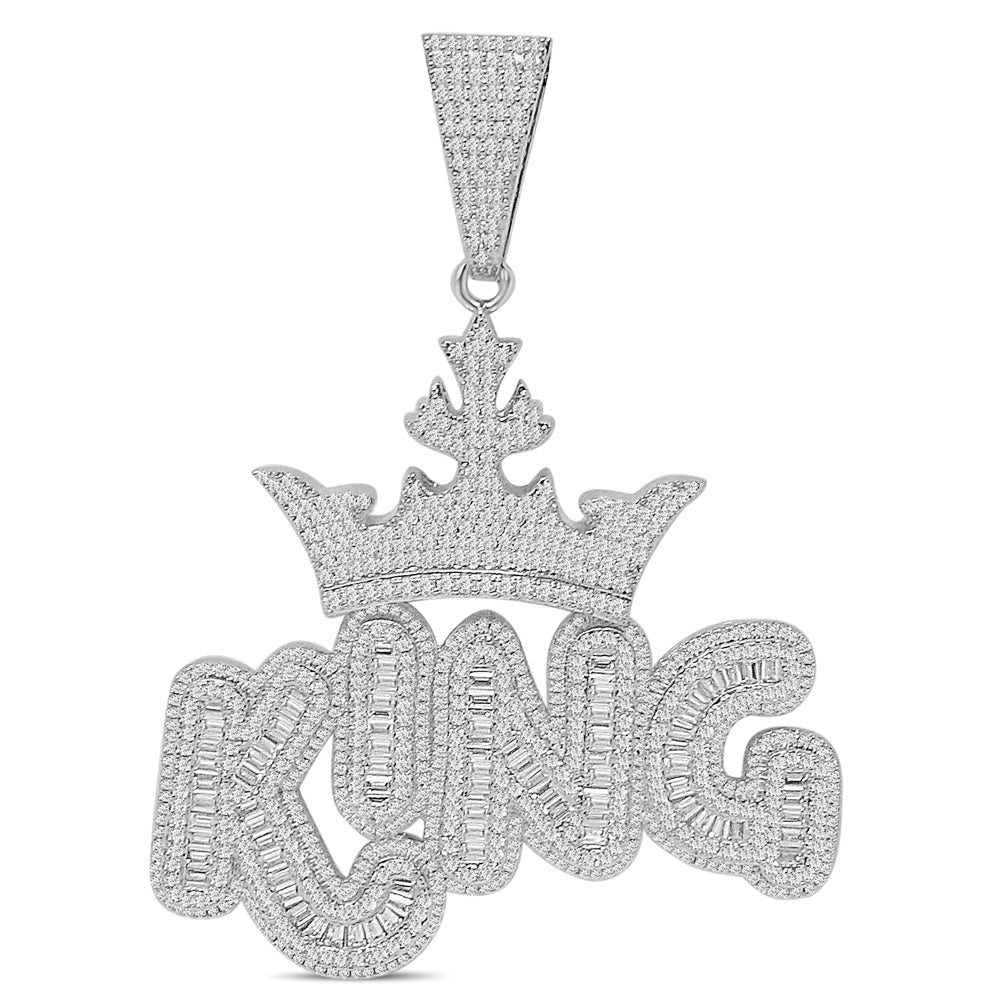 140+ Grams Big XL 4'' Custom Piece 14K Gold Finish 8.75 Ct. Baguette/Round Cut Simulated Diamond Royal King Crown Men's Pendant Charm +Chain