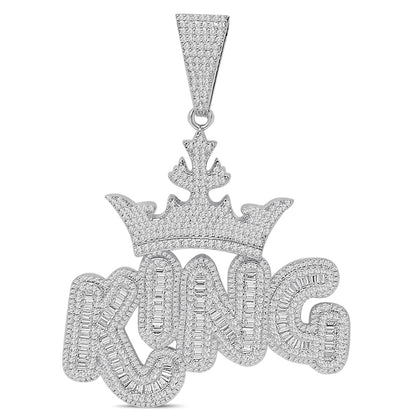 140+ Grams Big XL 4'' Custom Piece 14K Gold Finish 8.75 Ct. Baguette/Round Cut Simulated Diamond Royal King Crown Men's Pendant Charm +Chain