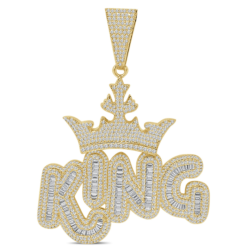 140+ Grams Big XL 4'' Custom Piece 14K Gold Finish 8.75 Ct. Baguette/Round Cut Simulated Diamond Royal King Crown Men's Pendant Charm +Chain