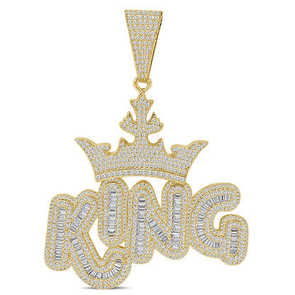 140+ Grams Big XL 4'' Custom Piece 14K Gold Finish 8.75 Ct. Baguette/Round Cut Simulated Diamond Royal King Crown Men's Pendant Charm +Chain