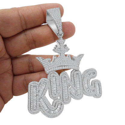 140+ Grams Big XL 4'' Custom Piece 14K Gold Finish 8.75 Ct. Baguette/Round Cut Simulated Diamond Royal King Crown Men's Pendant Charm +Chain