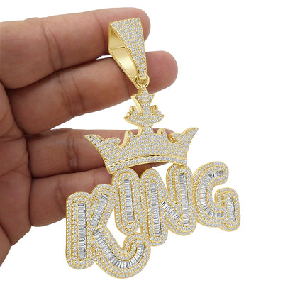 140+ Grams Big XL 4'' Custom Piece 14K Gold Finish 8.75 Ct. Baguette/Round Cut Simulated Diamond Royal King Crown Men's Pendant Charm +Chain