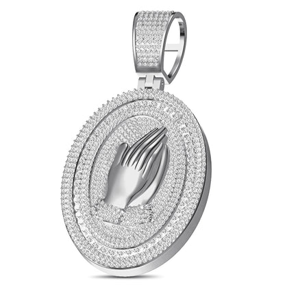 Real Genuine 5.50 Cwt. Authentic VVS/1 Natural Moissanite Diamond 35+ Grams Praying Hands 10K Gold Finish Religious Pendant Charm Medallion