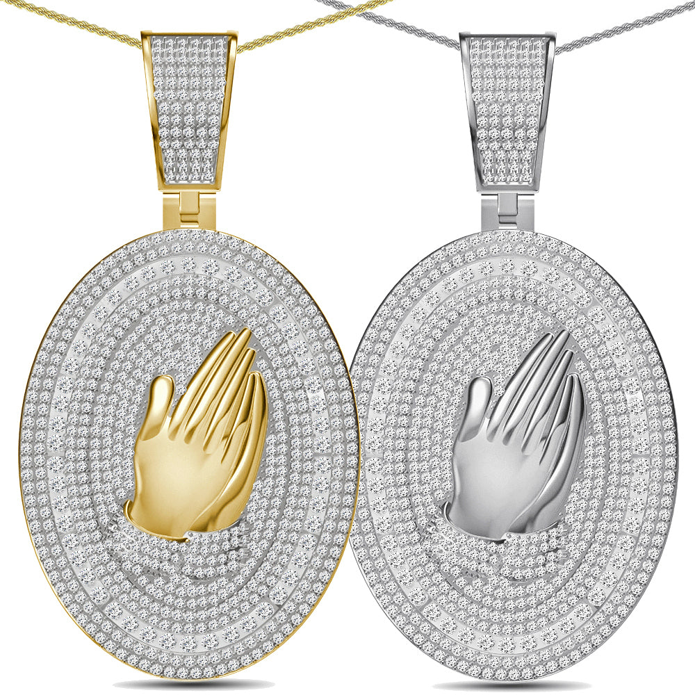 Real Genuine 5.50 Cwt. Authentic VVS/1 Natural Moissanite Diamond 35+ Grams Praying Hands 10K Gold Finish Religious Pendant Charm Medallion