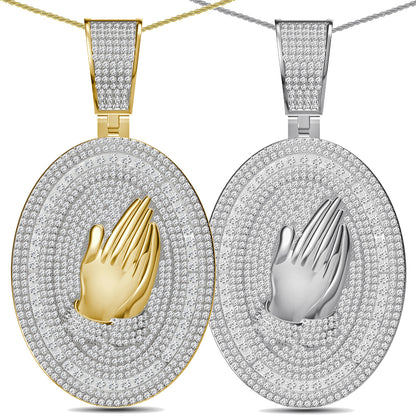 Real Genuine 5.50 Cwt. Authentic VVS/1 Natural Moissanite Diamond 35+ Grams Praying Hands 10K Gold Finish Religious Pendant Charm Medallion
