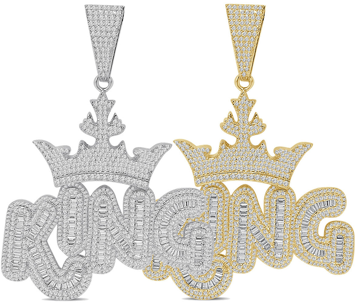140+ Grams Big XL 4'' Custom Piece 14K Gold Finish 8.75 Ct. Baguette/Round Cut Simulated Diamond Royal King Crown Men's Pendant Charm +Chain
