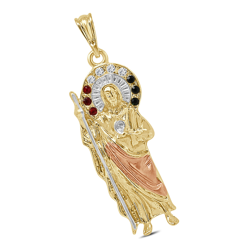 2.25'' 14K 2 Tone Gold Finish Simulated Diamond Saint Jude San Judas Tadeo Unisex Charm Religious Pendant Rope Chain Neckless Set 17+ Grams