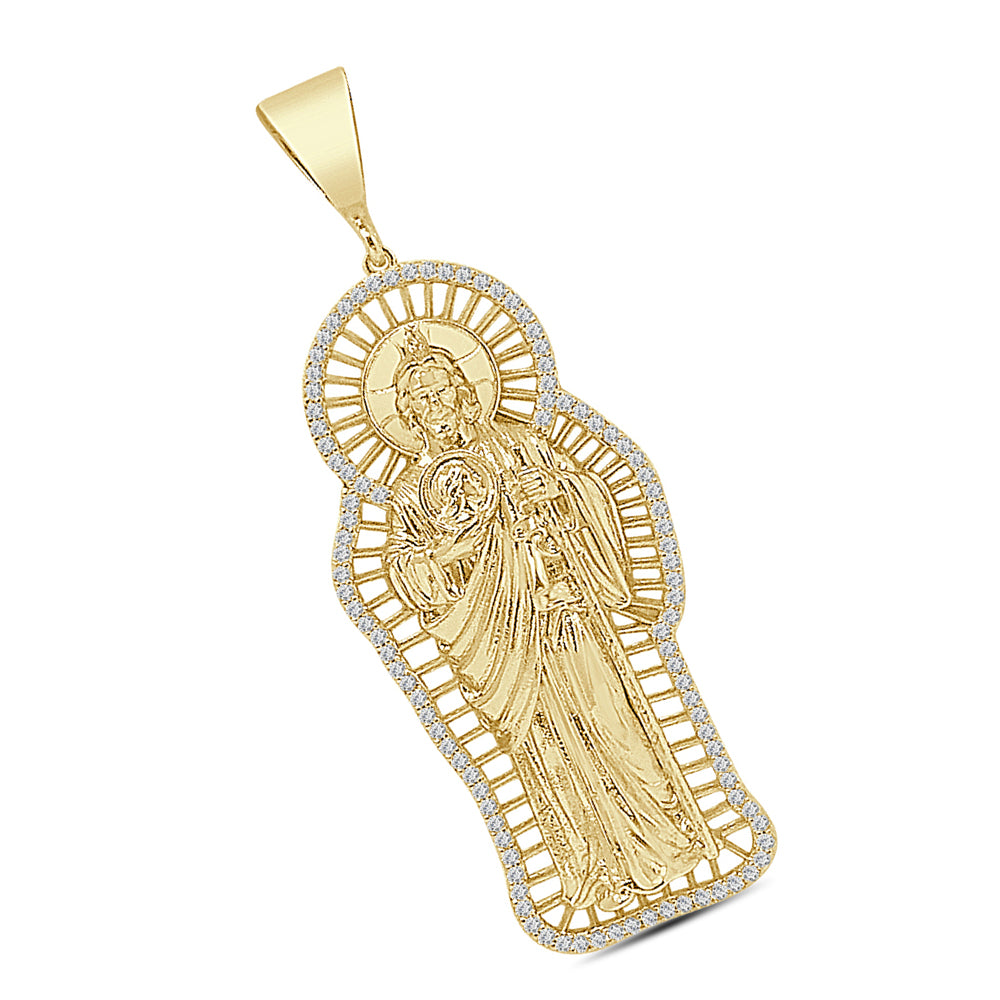 2.75'' 14K Gold Finish Simulated 1.00 Cwt. Diamond Saint Jude San Judas Tadeo Unisex Charm Religious Pendant Rope Chain Neckless 18+ Grams