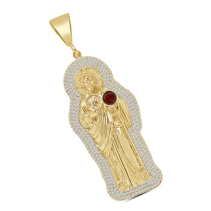 Unisex 2.75'' 14K Gold Finish Simulated Diamond 1.00 Cwt. Saint Jude San Judas Tadeo Religious Charm Pendant Rope Chain Neckless 18+ Grams