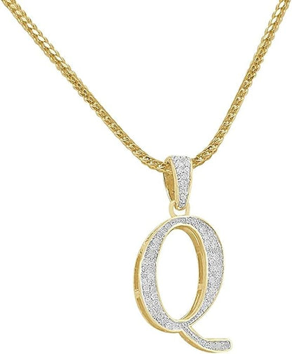 100% Real 10k Yellow Gold Genuine Diamond Cursive Initial Letter Mini Pendent Alphabet Charm + Free Chain Necklace