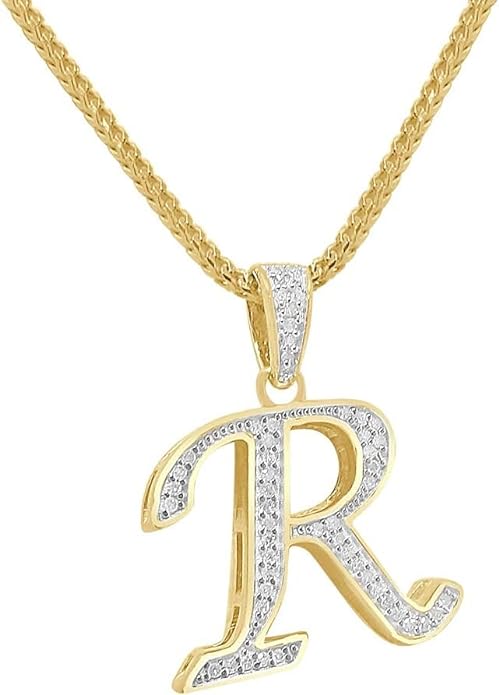 100% Real 10k Yellow Gold Genuine Diamond Cursive Initial Letter Mini Pendent Alphabet Charm + Free Chain Necklace
