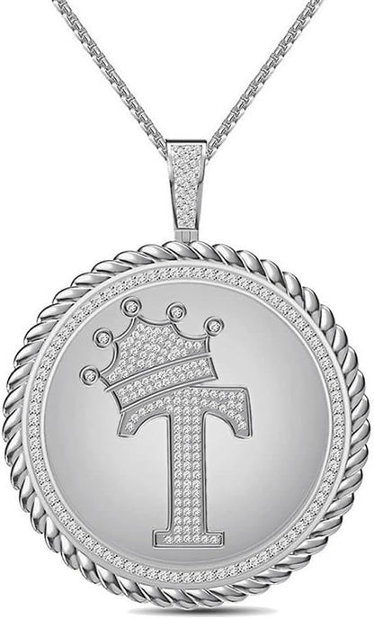 Real Genuine Authentic 1.75 Cwt. MOISSANITE Diamond 32+ Grams Crown Initial Alphabet Letter Pendant Medallion 10K White Gold On Charm +Chain