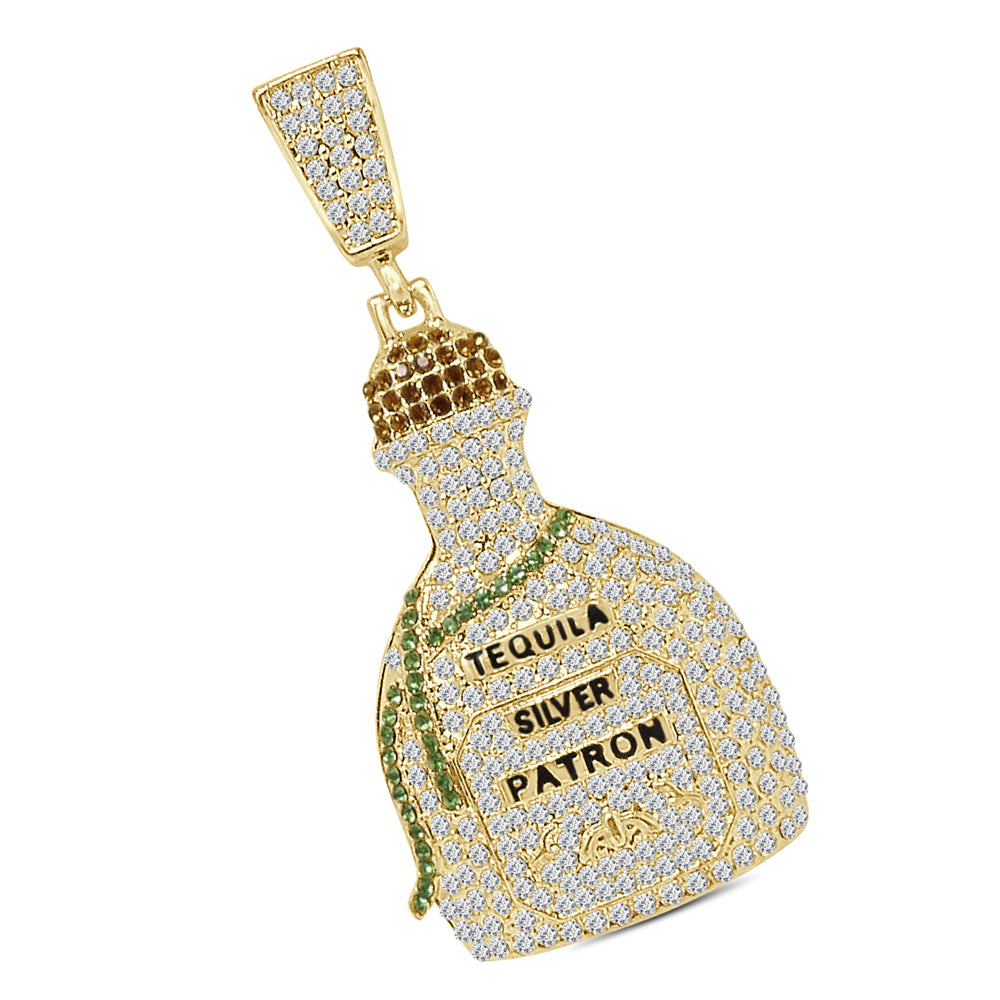 Big 3'' 34 + Grams 14K Gold Finish Simulated Diamond Tequila Patron Bottle Custom Pendant Charm Rope Chain Neckless Set