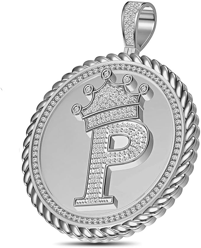 Real Genuine Authentic 1.75 Cwt. MOISSANITE Diamond 32+ Grams Crown Initial Alphabet Letter Pendant Medallion 10K White Gold On Charm +Chain