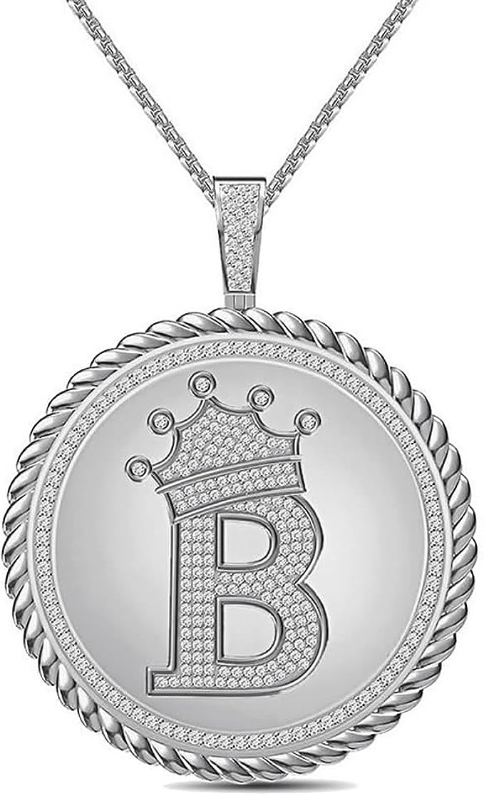Real Genuine Authentic 1.75 Cwt. MOISSANITE Diamond 32+ Grams Crown Initial Alphabet Letter Pendant Medallion 10K White Gold On Charm +Chain