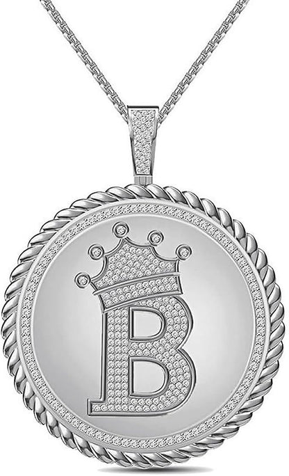 Real Genuine Authentic 1.75 Cwt. MOISSANITE Diamond 32+ Grams Crown Initial Alphabet Letter Pendant Medallion 10K White Gold On Charm +Chain
