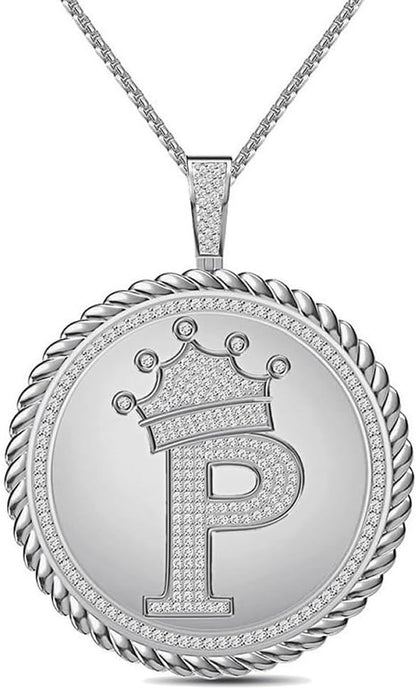 Real Genuine Authentic 1.75 Cwt. MOISSANITE Diamond 32+ Grams Crown Initial Alphabet Letter Pendant Medallion 10K White Gold On Charm +Chain