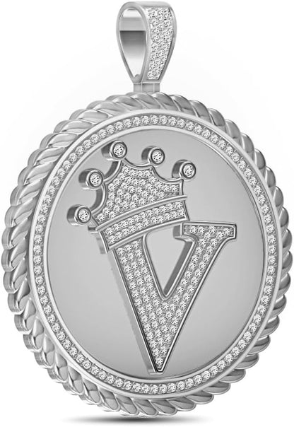 Real Genuine Authentic 1.75 Cwt. MOISSANITE Diamond 32+ Grams Crown Initial Alphabet Letter Pendant Medallion 10K White Gold On Charm +Chain