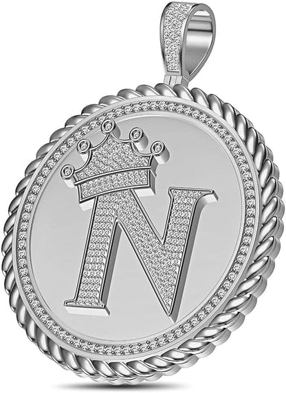 Real Genuine Authentic 1.75 Cwt. MOISSANITE Diamond 32+ Grams Crown Initial Alphabet Letter Pendant Medallion 10K White Gold On Charm +Chain