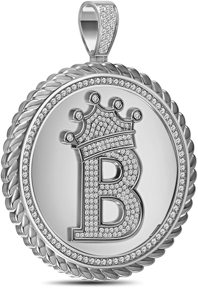 Real Genuine Authentic 1.75 Cwt. MOISSANITE Diamond 32+ Grams Crown Initial Alphabet Letter Pendant Medallion 10K White Gold On Charm +Chain
