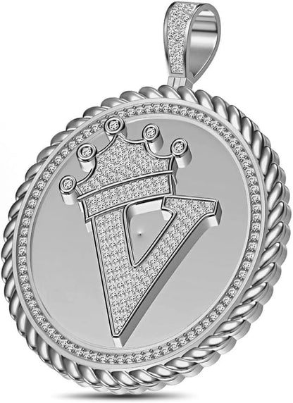 Real Genuine Authentic 1.75 Cwt. MOISSANITE Diamond 32+ Grams Crown Initial Alphabet Letter Pendant Medallion 10K White Gold On Charm +Chain