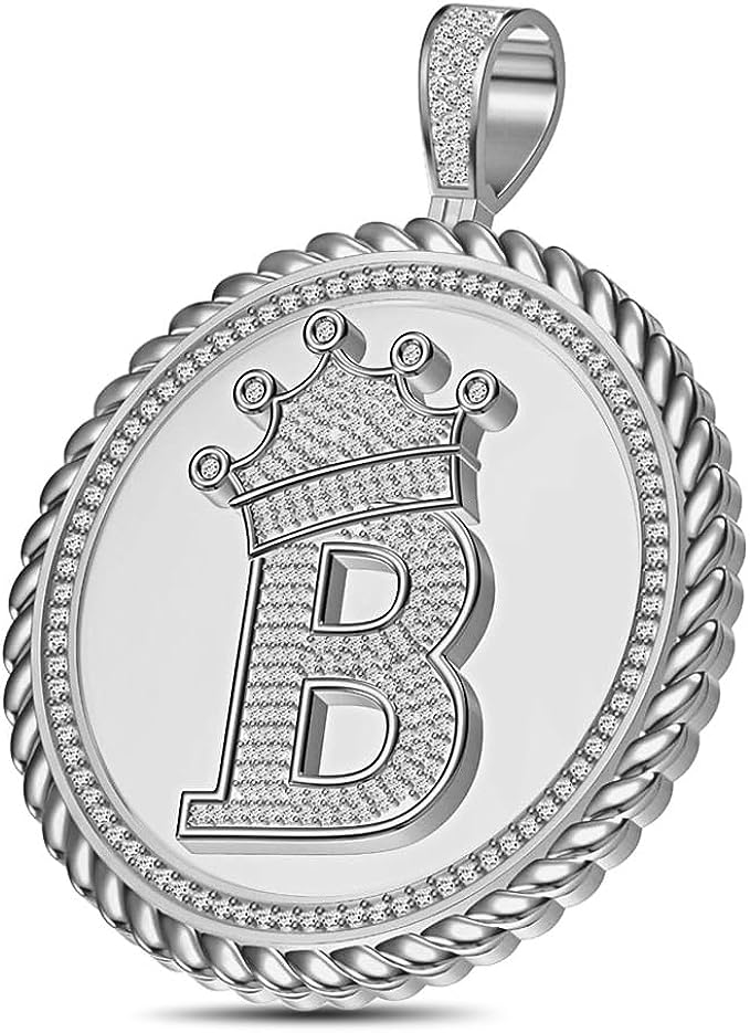 Real Genuine Authentic 1.75 Cwt. MOISSANITE Diamond 32+ Grams Crown Initial Alphabet Letter Pendant Medallion 10K White Gold On Charm +Chain