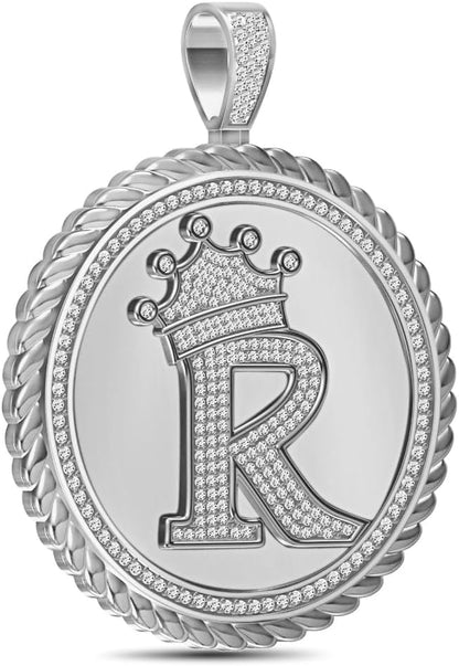Real Genuine Authentic 1.75 Cwt. MOISSANITE Diamond 32+ Grams Crown Initial Alphabet Letter Pendant Medallion 10K White Gold On Charm +Chain