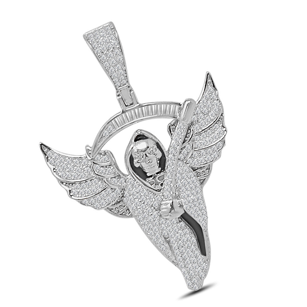 20+ Grams Real Silver 14K White Gold Finish 1.50 Cwt. Simulated Diamond Flying Santa Muerte Grim Reaper Angel of Death Pendant Charm +Free Chain