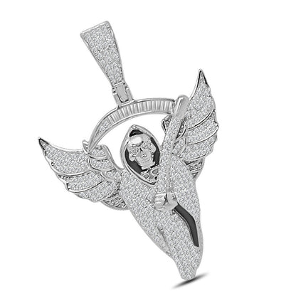 20+ Grams Real Silver 14K White Gold Finish 1.50 Cwt. Simulated Diamond Flying Santa Muerte Grim Reaper Angel of Death Pendant Charm +Free Chain
