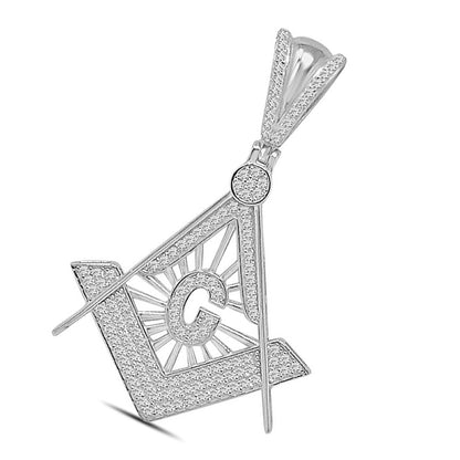 16+ Grams Real Sterling Silver 14K White Gold Finish 1.50 Cwt. Simulated Diamond Freemason Masonic G Compass Pendant Charm +Free Chain Neckless