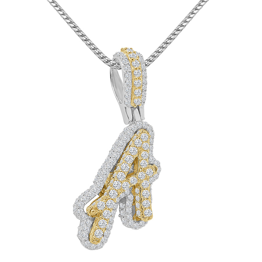 Real Genuine Sterling Silver 14K 2 Tone Gold Finish 1.65 CT. Hand Set Simulated Diamond Initial Letter Alphabet Pendant Charm Chain 1.75"