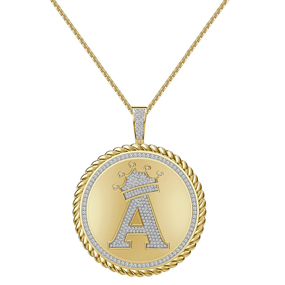 Real Genuine Authentic 1.75 Cwt. VVS1 MOISSANITE Diamond 32+ Grams Crown Initial Alphabet Letter Pendant Medallion 10K Gold On Charm + Chain