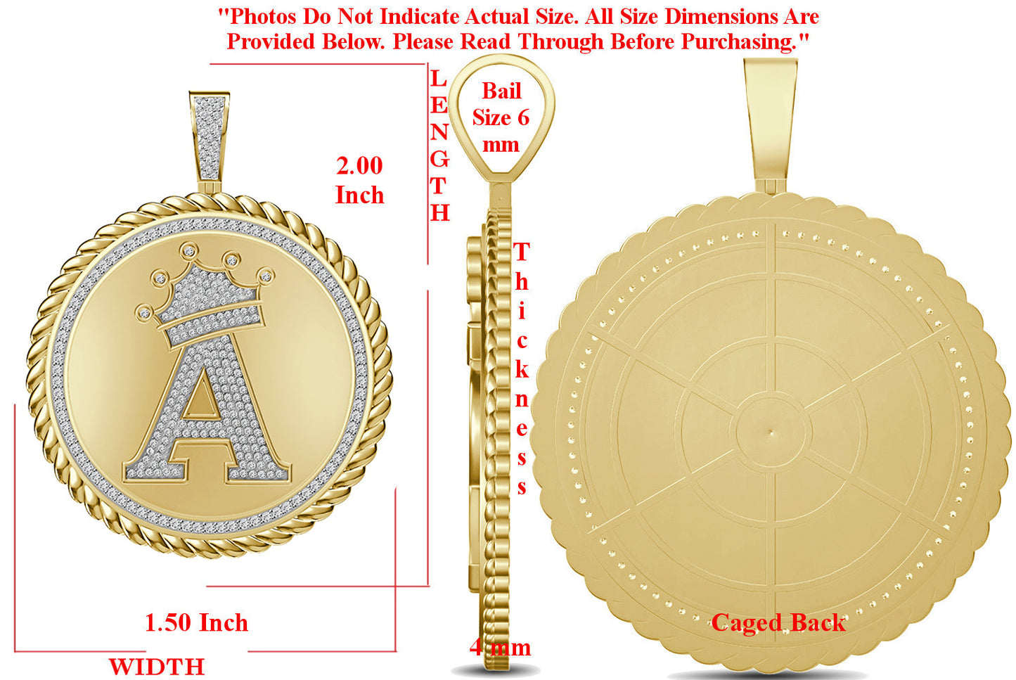 Real Genuine Authentic 1.75 Cwt. VVS1 MOISSANITE Diamond 32+ Grams Crown Initial Alphabet Letter Pendant Medallion 10K Gold On Charm + Chain