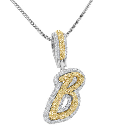 Real Genuine Sterling Silver 14K 2 Tone Gold Finish 1.65 CT. Hand Set Simulated Diamond Initial Letter Alphabet Pendant Charm Chain 1.75"