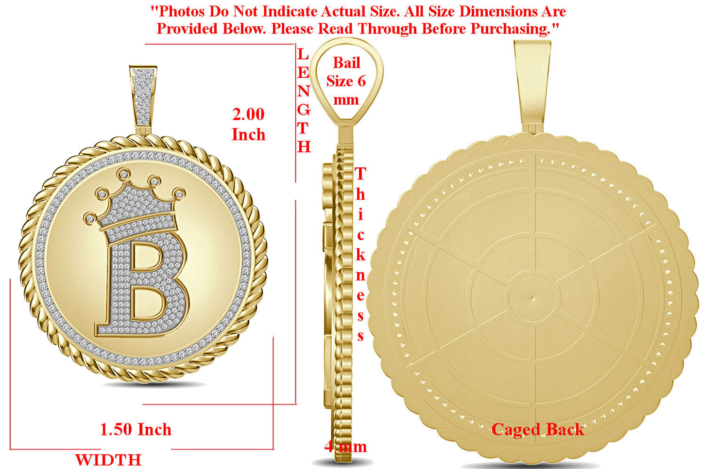 Real Genuine Authentic 1.75 Cwt. VVS1 MOISSANITE Diamond 32+ Grams Crown Initial Alphabet Letter Pendant Medallion 10K Gold On Charm + Chain