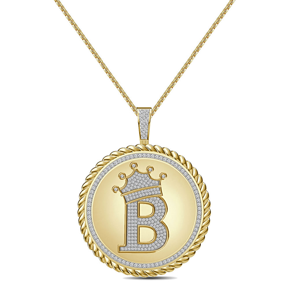 Real Genuine Authentic 1.75 Cwt. VVS1 MOISSANITE Diamond 32+ Grams Crown Initial Alphabet Letter Pendant Medallion 10K Gold On Charm + Chain