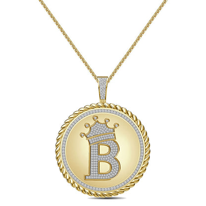 Real Genuine Authentic 1.75 Cwt. VVS1 MOISSANITE Diamond 32+ Grams Crown Initial Alphabet Letter Pendant Medallion 10K Gold On Charm + Chain