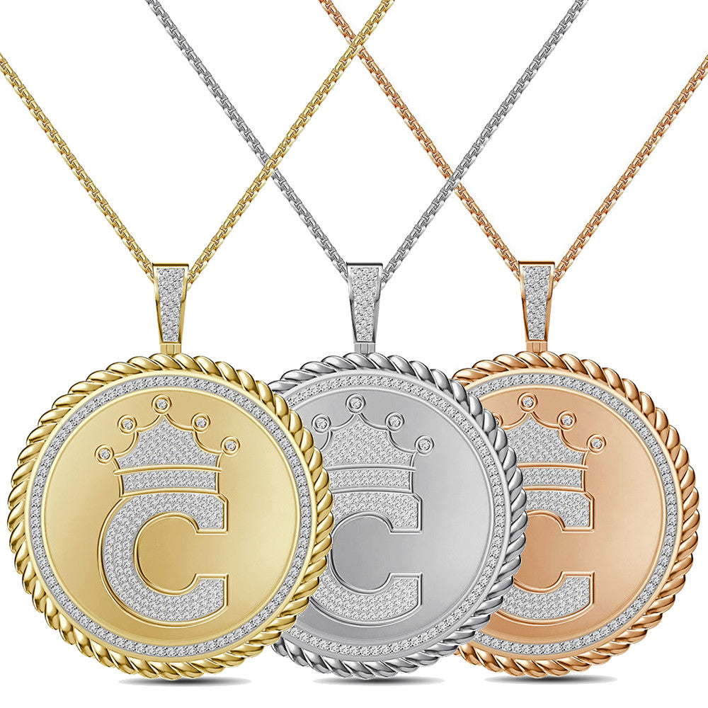 Real Genuine Authentic 1.75 Cwt. VVS1 MOISSANITE Diamond 32+ Grams Crown Initial Alphabet Letter Pendant Medallion 10K Gold On Charm + Chain