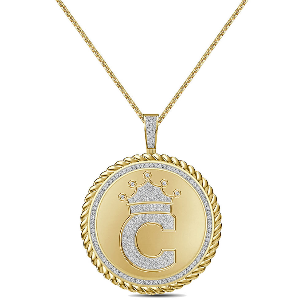 Real Genuine Authentic 1.75 Cwt. VVS1 MOISSANITE Diamond 32+ Grams Crown Initial Alphabet Letter Pendant Medallion 10K Gold On Charm + Chain