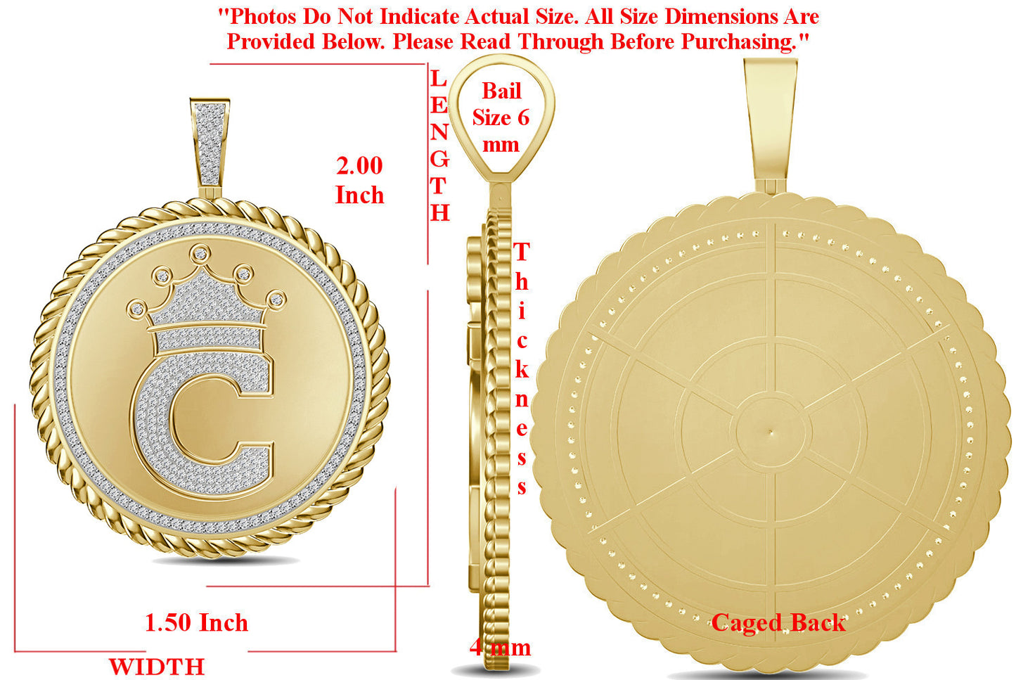 Real Genuine Authentic 1.75 Cwt. VVS1 MOISSANITE Diamond 32+ Grams Crown Initial Alphabet Letter Pendant Medallion 10K Gold On Charm + Chain