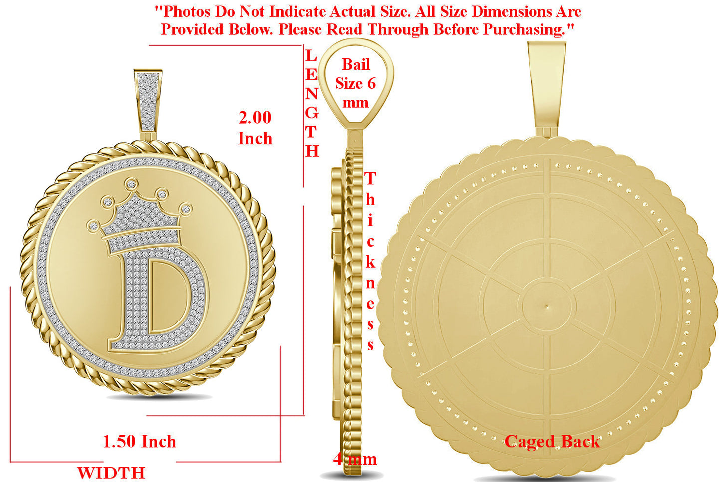 Real Genuine Authentic 1.75 Cwt. VVS1 MOISSANITE Diamond 32+ Grams Crown Initial Alphabet Letter Pendant Medallion 10K Gold On Charm + Chain